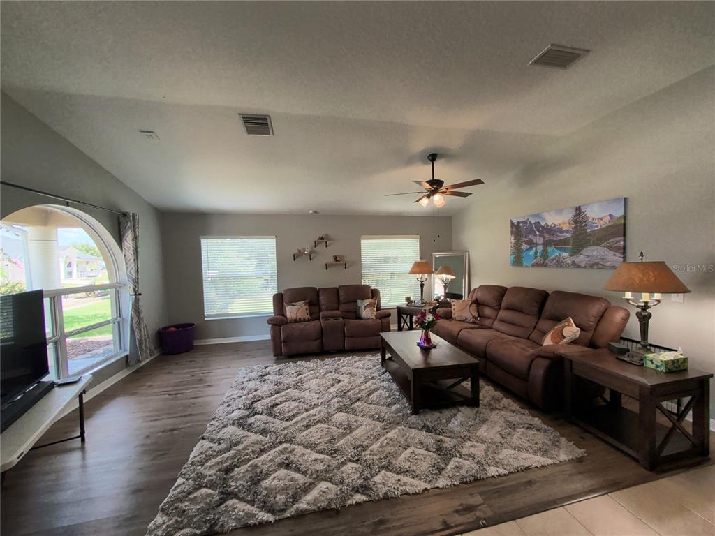 A living room features brown leather furniture, a large gray rug, and vaulted ceilings — 30036 BERMUDA DUNES WAY, WESLEY CHAPEL, FL