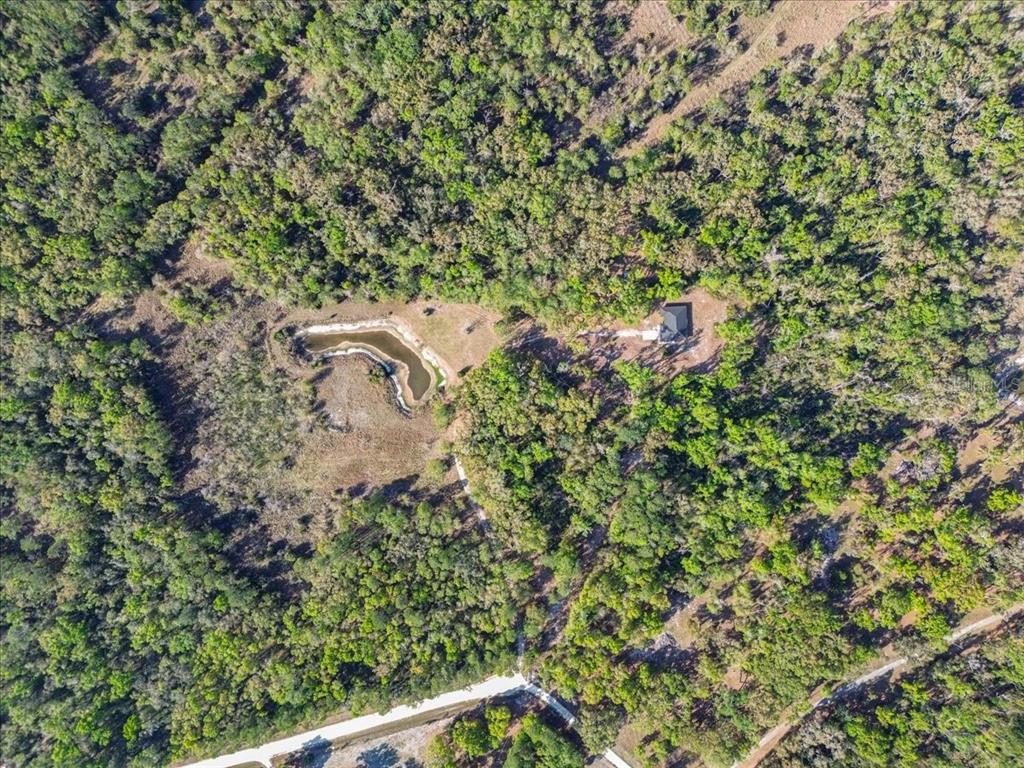 An aerial view shows a house with a pond surrounded by dense forest and trails — 957 NE 354TH AVENUE, OLD TOWN, FL
