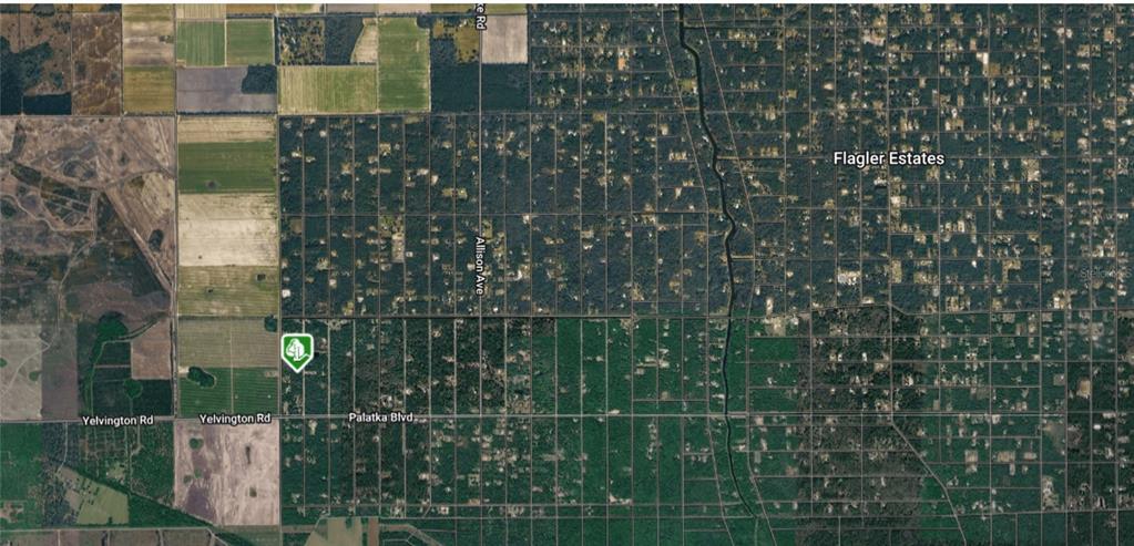 This is an aerial map showing a residential lot highlighted within the Flagler Estates area — 10515 HENNESSEY AVENUE, HASTINGS, FL