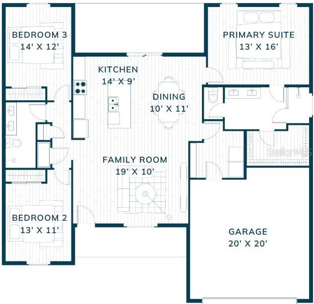 This floor plan shows a three-bedroom home with a central kitchen, dining area, and garage — 17 BONNIE LANE, PALM COAST, FL
