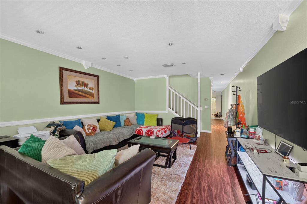 A living room features green walls, a large sectional sofa, and a wall-mounted television — 10818 BRICKSIDE COURT, RIVERVIEW, FL