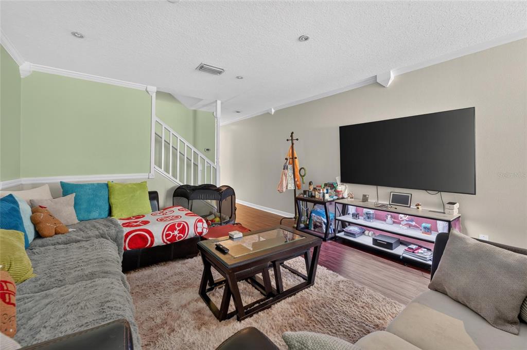 A living room features a large television, a sectional sofa, and a coffee table — 10818 BRICKSIDE COURT, RIVERVIEW, FL