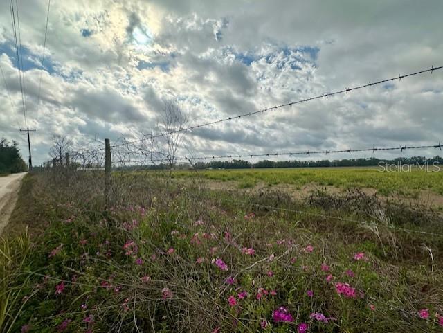 A wooden fence post stands in the foreground of a large, grassy field under a cloudy sky — SW 80TH STREET, TRENTON, FL