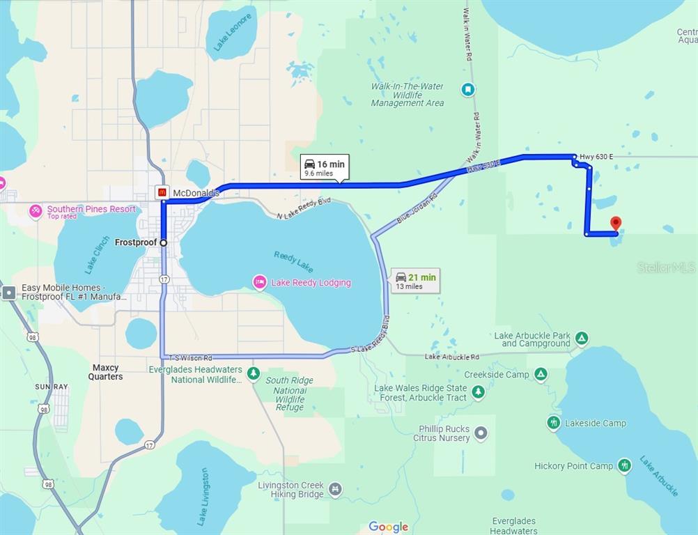 This is a map showing driving routes from Frostproof, Florida, to a destination nearby — TBD, FROSTPROOF, FL