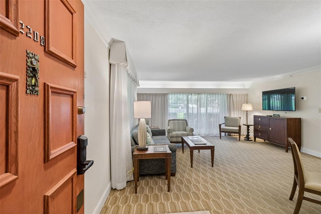 A view from a doorway into a living room with carpeted floors and large windows — 36750 US HIGHWAY 19 N UNIT 04-125, PALM HARBOR, FL