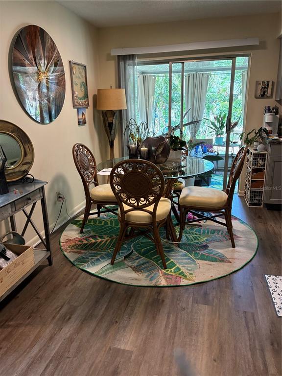 A dining area features a glass-topped table, rattan chairs, and a tropical-patterned rug — 142 S SIMPSON STREET, MOUNT DORA, FL