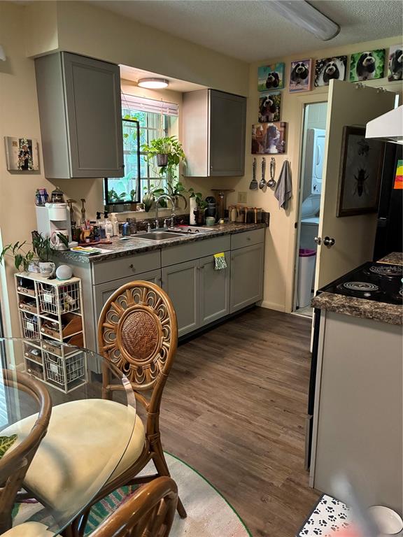 A kitchen features gray cabinets, a window above the sink, and a dining area — 142 S SIMPSON STREET, MOUNT DORA, FL