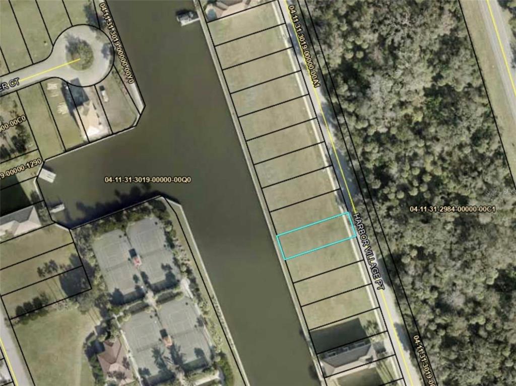 This is an aerial map showing a vacant waterfront lot highlighted in blue — 234 HARBOR VILLAGE POINT N, PALM COAST, FL