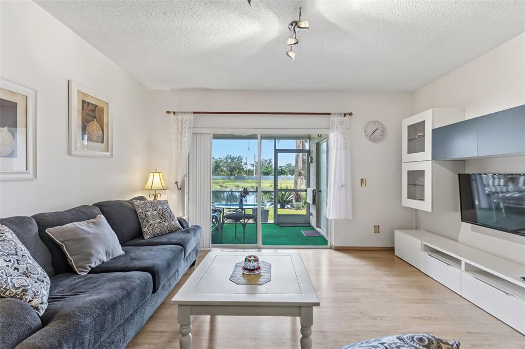 A living room features a gray sofa, light wood flooring, and a sliding door to a patio — 5052 MISTY CANAL PL, BRADENTON, FL