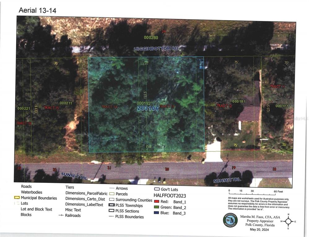 This is a property tax map showing parcel boundaries and dimensions for a specific lot — 0 SUNSET TRAIL, BABSON PARK, FL