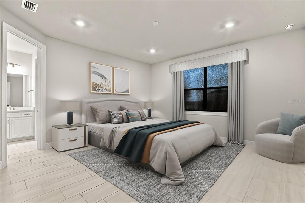 This is a digital rendering of a modern bedroom with a bed, rug, and armchair — 13355 SUNNY RETREAT LANE, WINTER GARDEN, FL