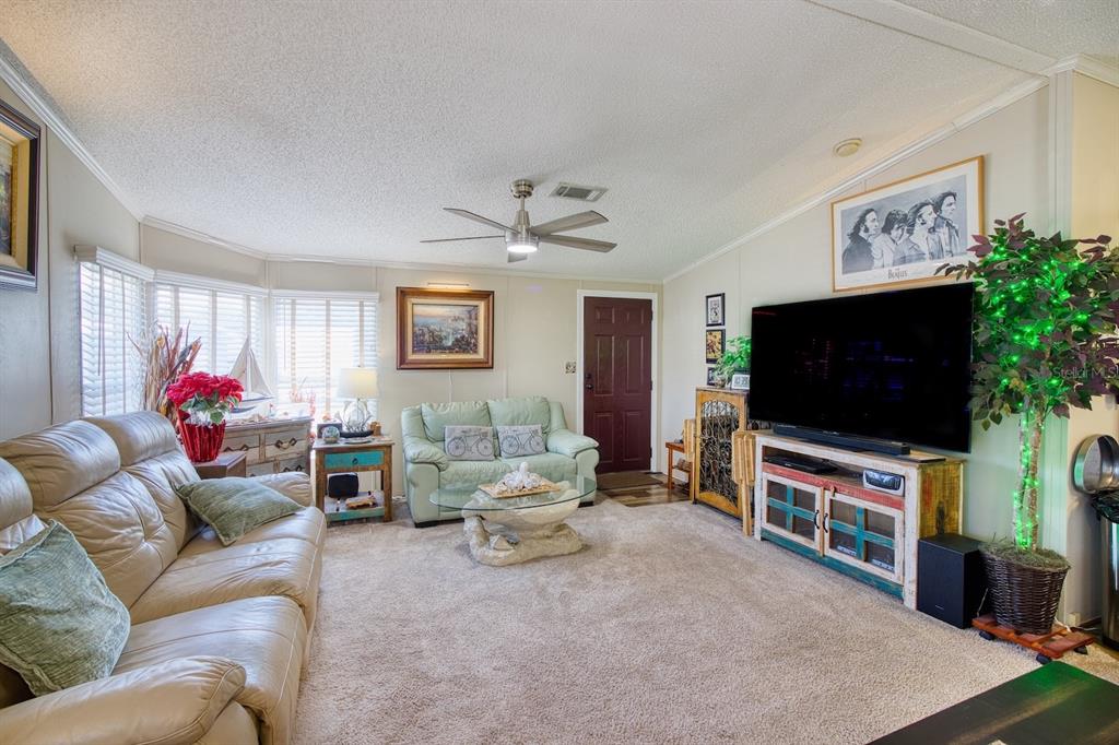 A living room features a beige sofa, a television on a rustic stand, and carpeted floors — 2201 S RIDGEWOOD AVENUE UNIT 28, EDGEWATER, FL