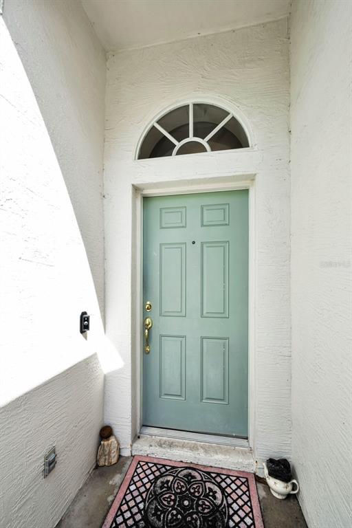 A light green front door with a semi-circular transom window sits in a stucco entryway — 1821 ALVARA PLACE, TRINITY, FL