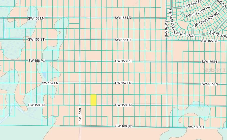 This is a map showing a highlighted parcel of land within a residential grid — SW 158TH LANE, DUNNELLON, FL