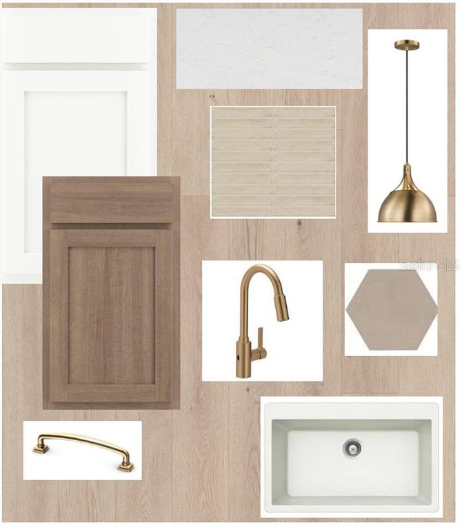 This is a design mood board featuring kitchen cabinetry, hardware, lighting, and countertop finish samples — 5159 SEA BRANCH AVENUE, APOLLO BEACH, FL