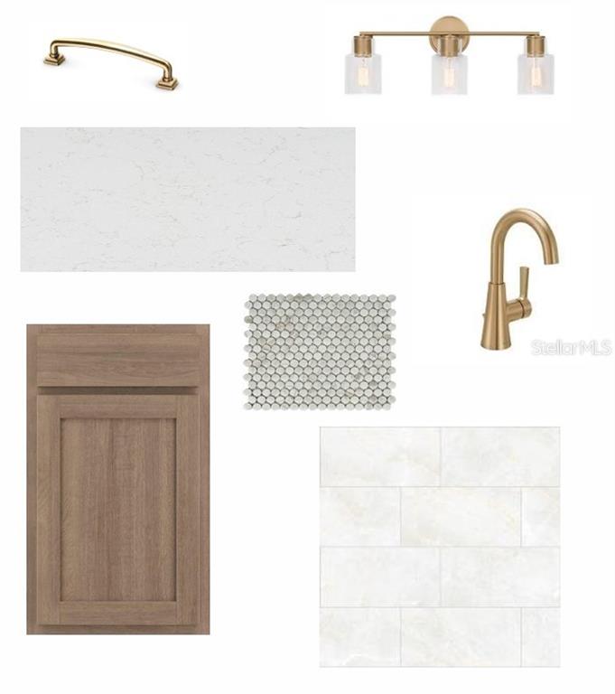 This is a digital design board showing bathroom finishes including cabinetry, hardware, lighting, and tile — 5159 SEA BRANCH AVENUE, APOLLO BEACH, FL