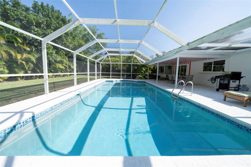 A rectangular swimming pool is enclosed by a white screen cage on a patio — 59 WICKLIFFE DRIVE, NAPLES, FL