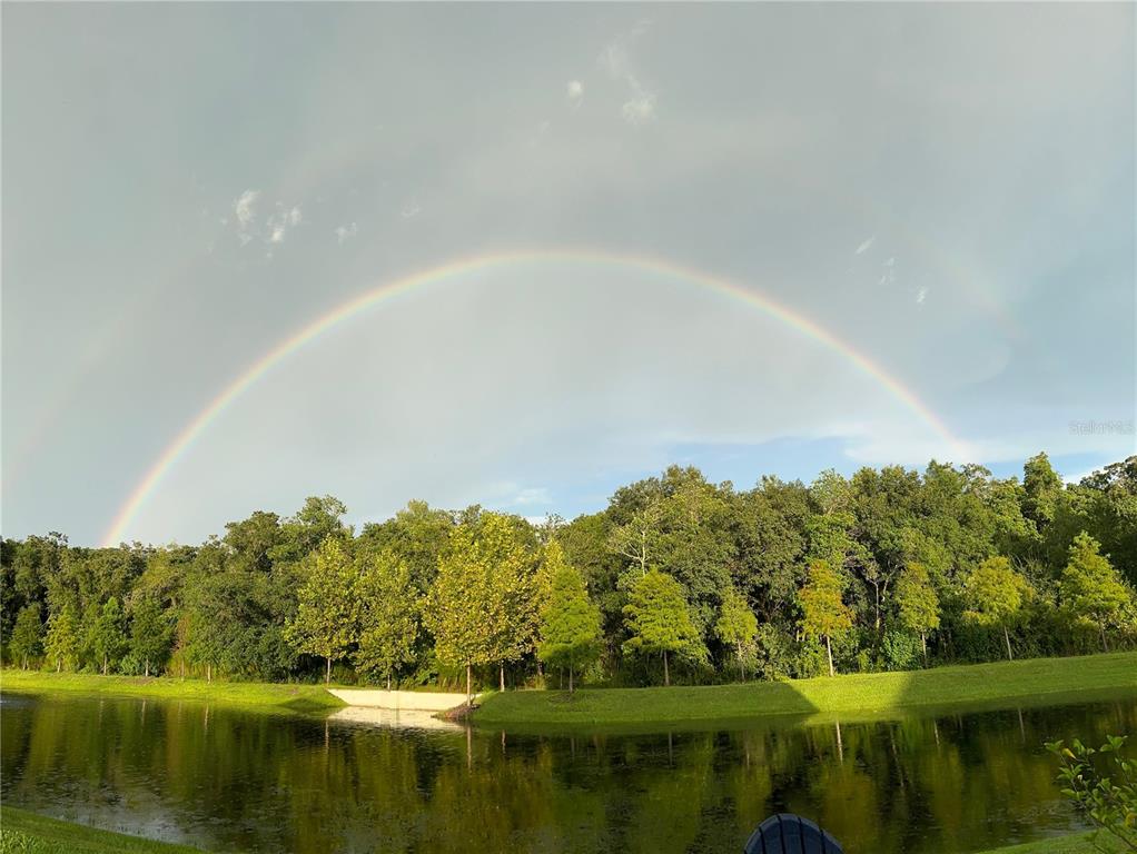 A vibrant double rainbow arches over a pond and a line of green trees — 16454 WOODSIDE GLEN, PARRISH, FL