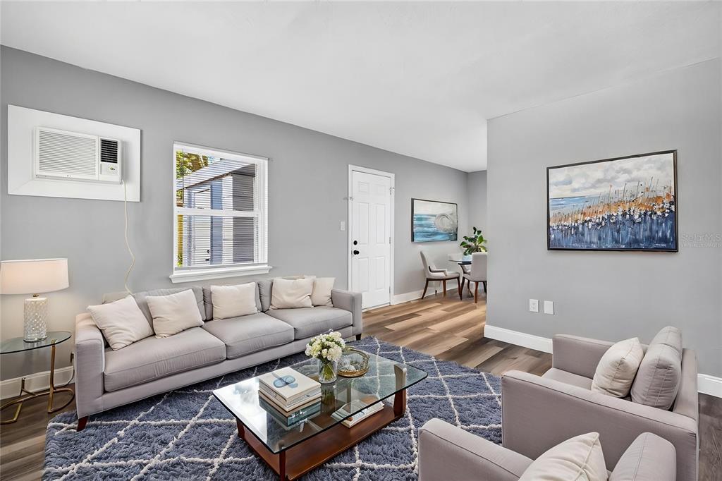 A living room features gray walls, wood-look flooring, a blue area rug, and a window unit — 1803 E OHIO STREET, PLANT CITY, FL
