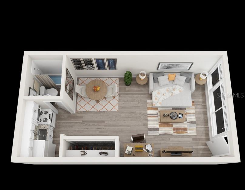 This is a 3D floor plan rendering of a studio apartment with a kitchen and bathroom — 515 BON AIR STREET UNIT 130, LAKELAND, FL