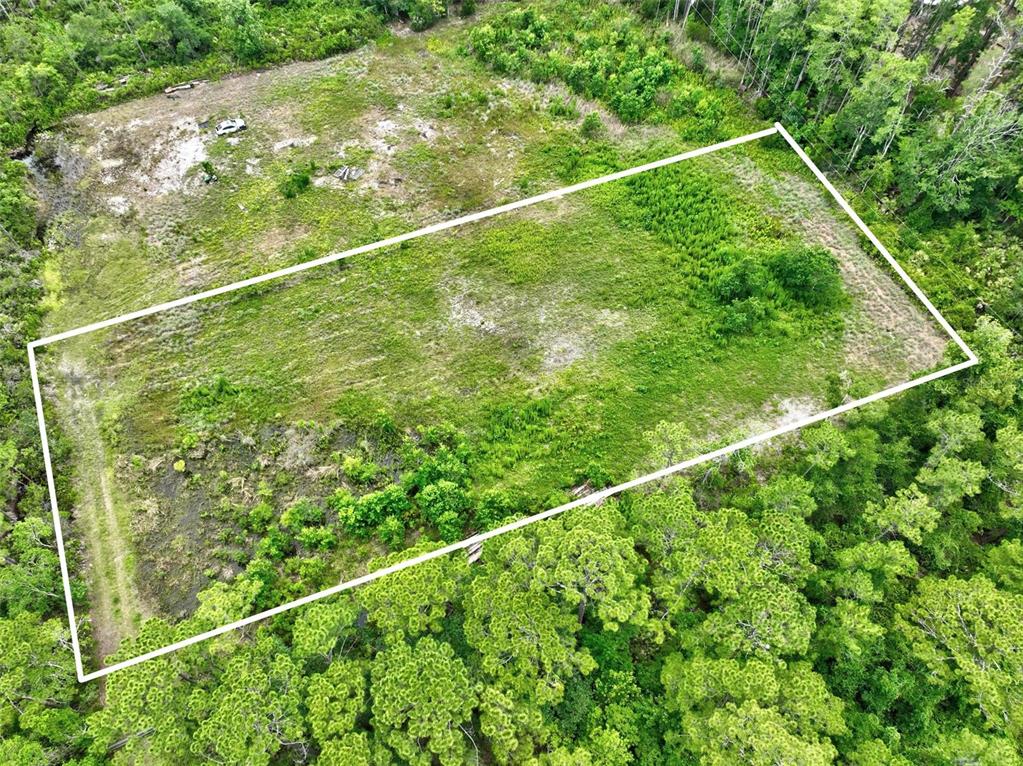 An aerial view shows a rectangular, cleared plot of land surrounded by dense forest — KINGS ESTATE RD, ST AUGUSTINE, FL