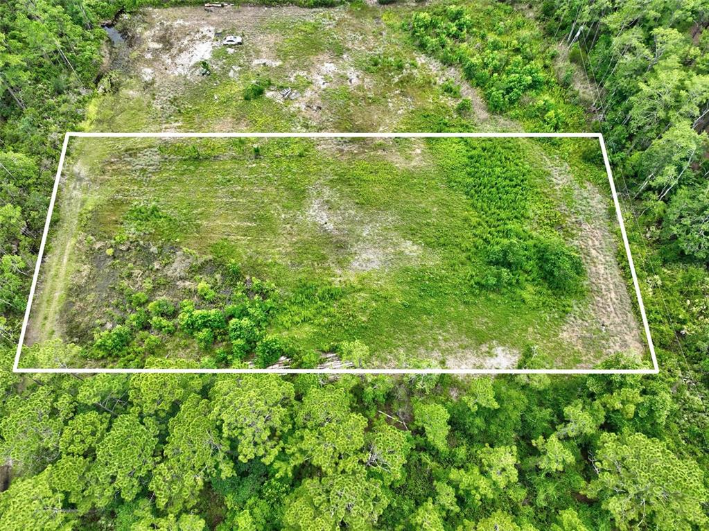 An aerial view shows a rectangular plot of cleared land surrounded by dense forest — KINGS ESTATE RD, ST AUGUSTINE, FL
