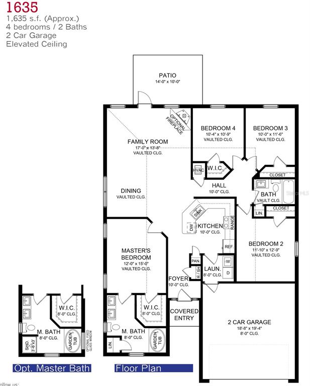 This is a floor plan for a 1,635-square-foot, four-bedroom, two-bath home with a garage — 11611 GRACE ROAD, WEEKI WACHEE, FL