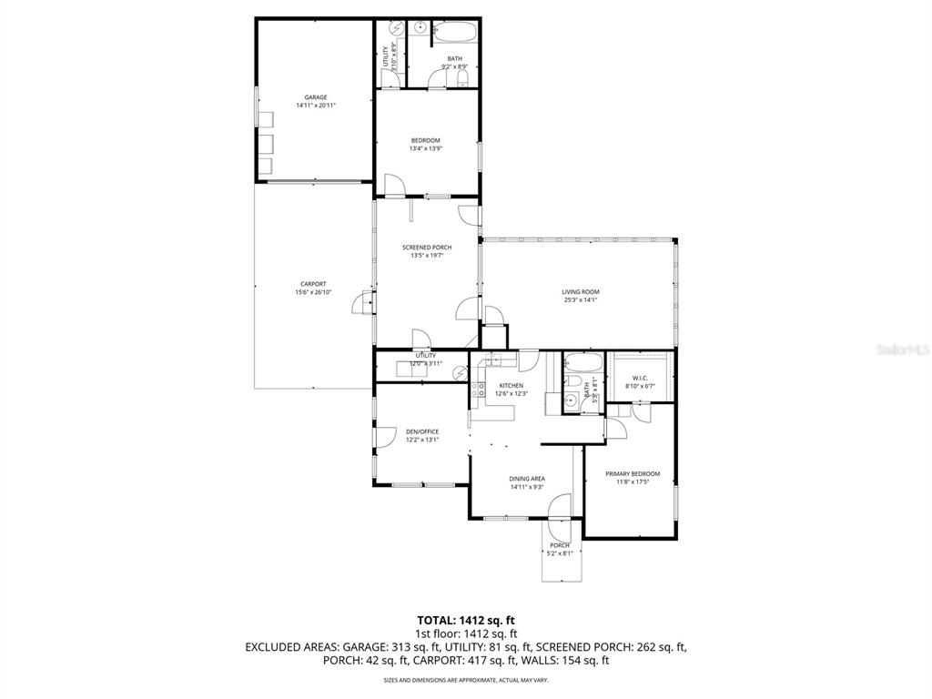 This is a floor plan showing the layout of a house with a garage and carport — 110 SHAFFER AVENUE, CRESCENT CITY, FL