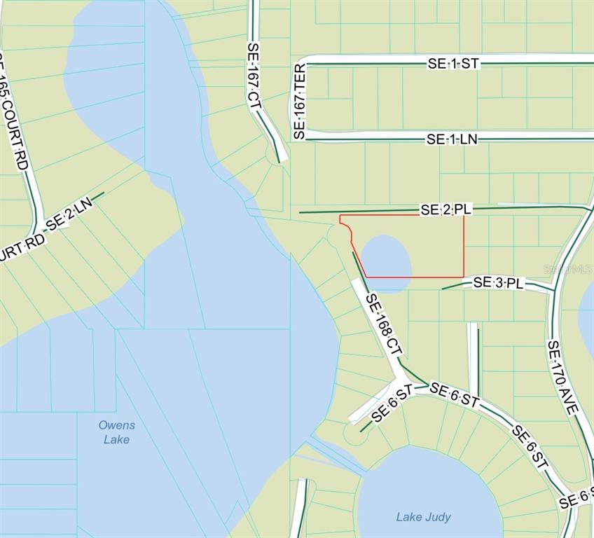 This is a map showing a residential area with streets and nearby lakes — 16865 SE 3RD PLACE, SILVER SPRINGS, FL