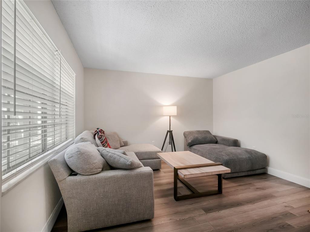 A living room features light gray furniture, a wooden coffee table, and wood-look flooring — 4335 AEGEAN DRIVE UNIT 116A, TAMPA, FL