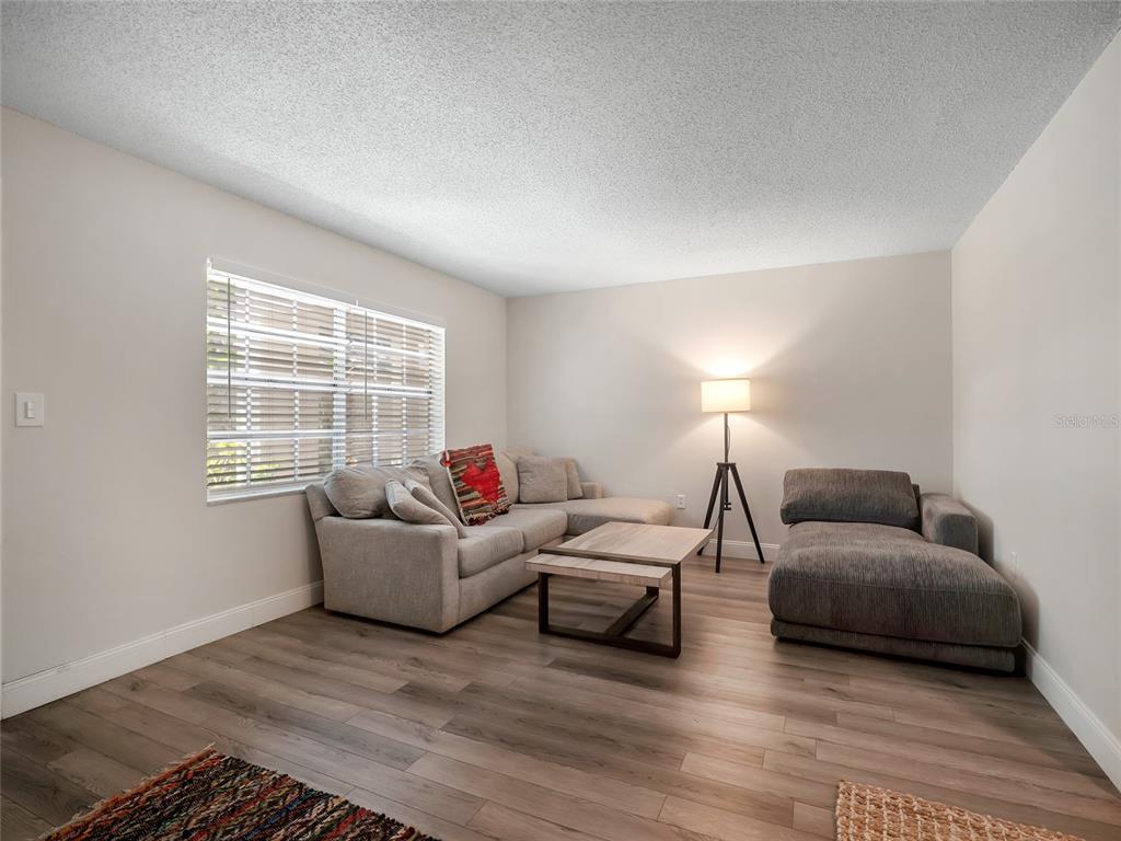 A living room features light gray walls, wood-look flooring, a sectional sofa, and a tripod lamp — 4335 AEGEAN DRIVE UNIT 116A, TAMPA, FL