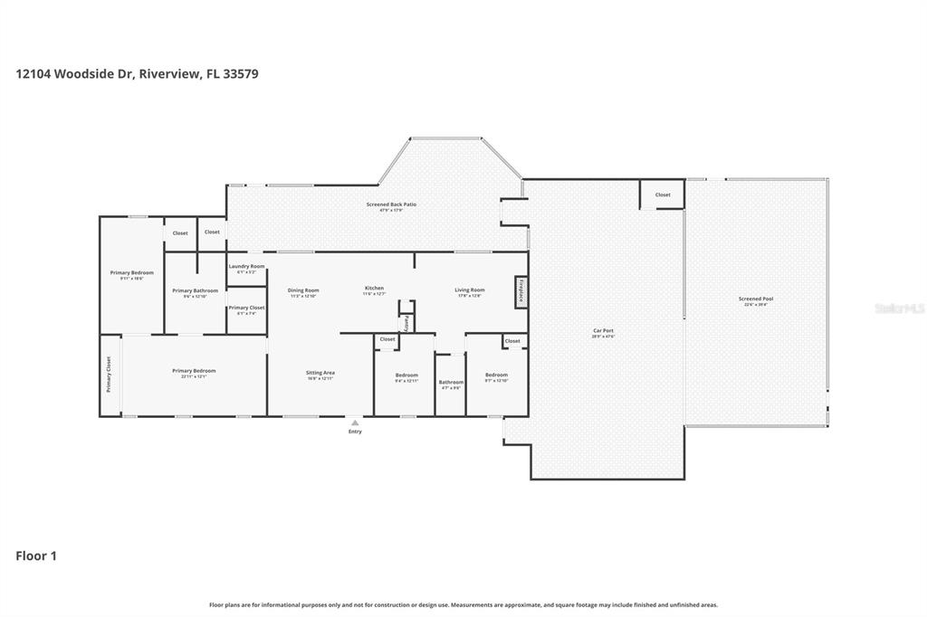 This is a floor plan of a single-story house with a carport and screened pool — 12104 WOODSIDE DRIVE, RIVERVIEW, FL