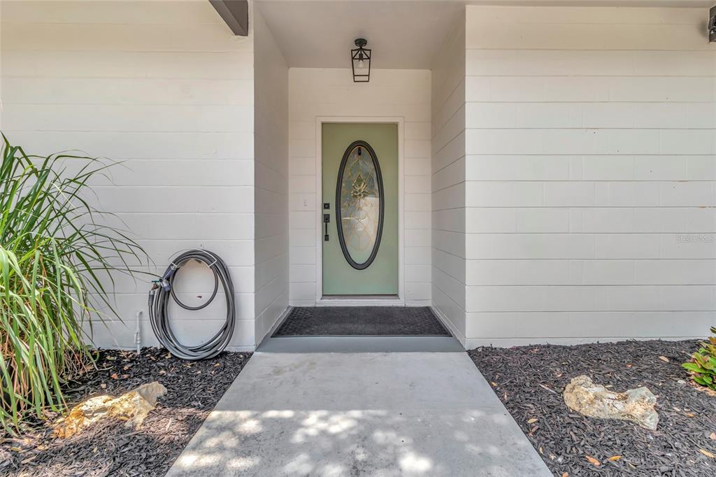 A light green front door with an oval glass insert sits under a covered entryway — 11900 ELBERT STREET, CLERMONT, FL