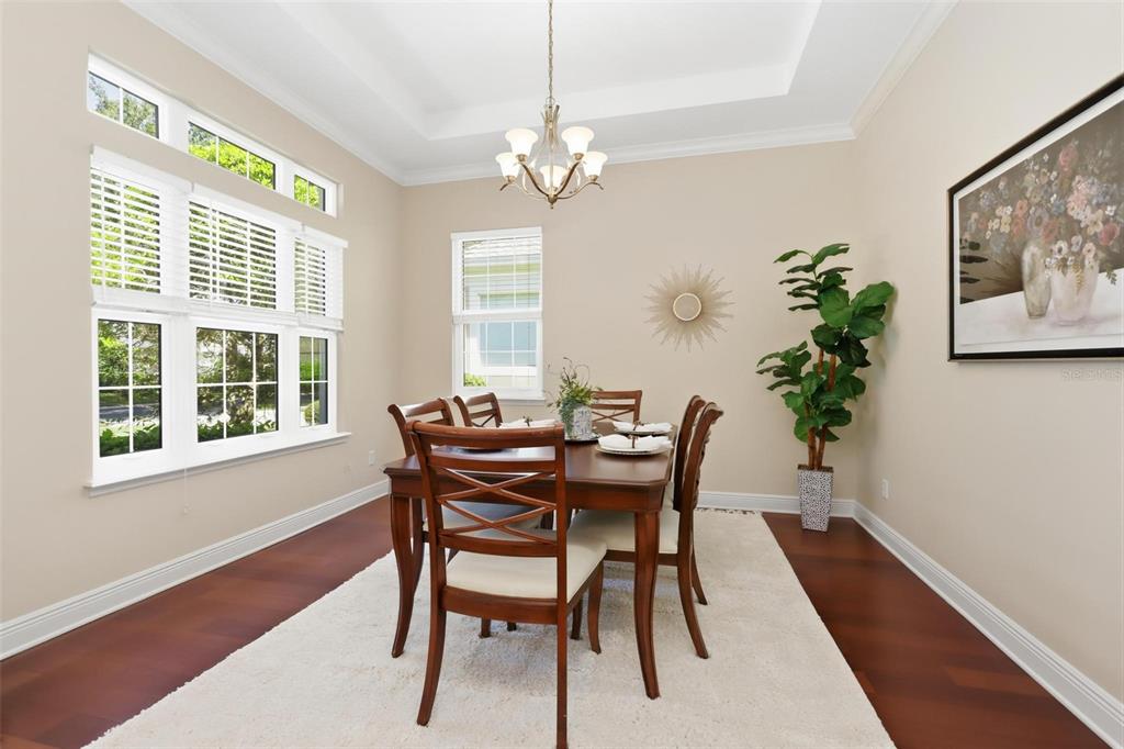 A dining room features a wooden table, chairs, a chandelier, and a large area rug — 300 BELLINGRATH TERRACE, DELAND, FL