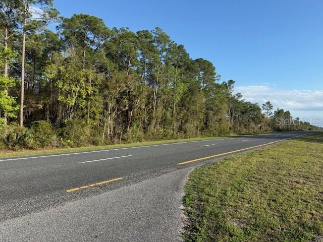 A paved road runs alongside a dense line of trees under a clear blue sky — TBD US 19, INGLIS, FL