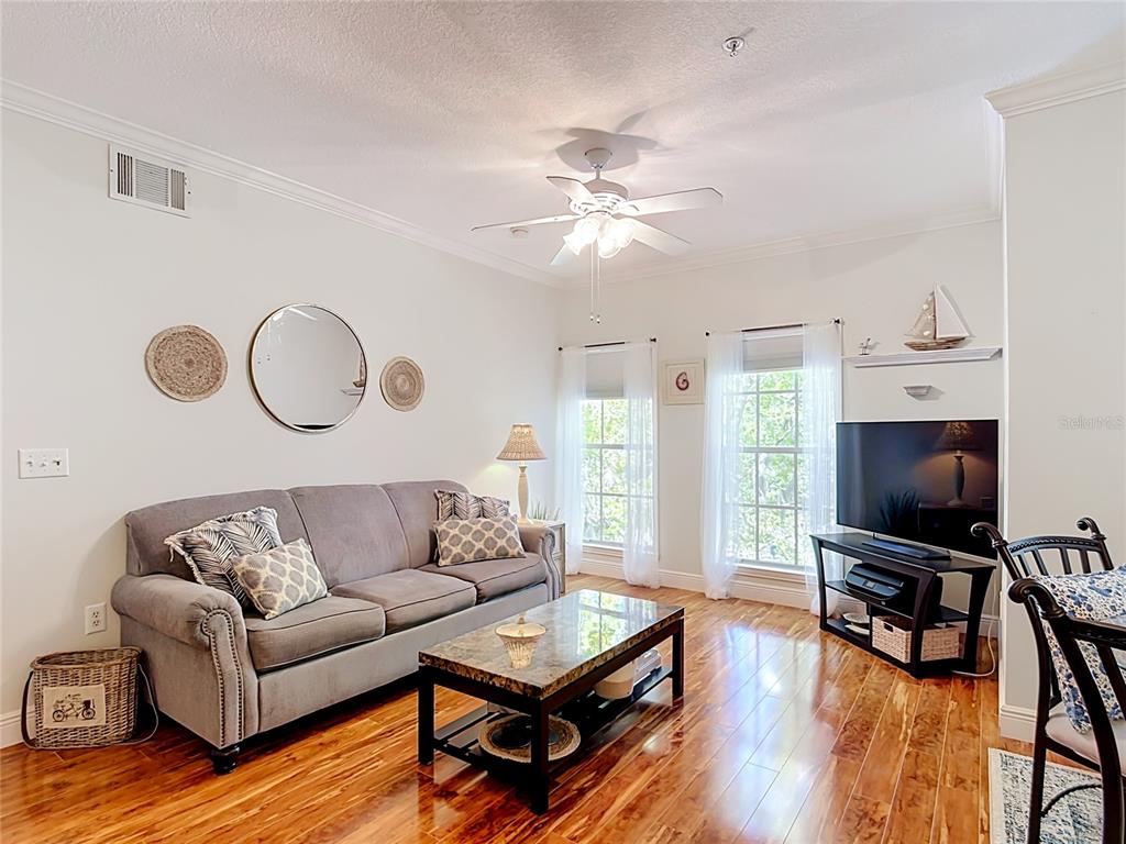 A living room features a gray sofa, coffee table, television, and hardwood floors — 581 WATER STREET UNIT 581, CELEBRATION, FL