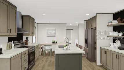 This is a rendering of a modern kitchen featuring gray cabinetry, an island, and appliances — 0 HARLEM AVENUE, EUSTIS, FL