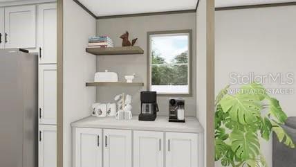 This rendering shows a kitchen coffee station with white cabinets, open shelving, and a window — 0 HARLEM AVENUE, EUSTIS, FL