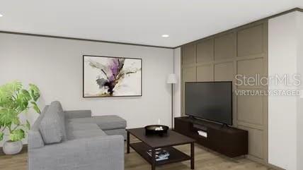 This is a virtual rendering of a living room featuring a gray sectional and paneled wall — 0 HARLEM AVENUE, EUSTIS, FL