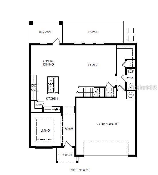 This is a floor plan of a home's first level featuring a garage and open layout — 745 MARSH REED DRIVE W, WINTER GARDEN, FL