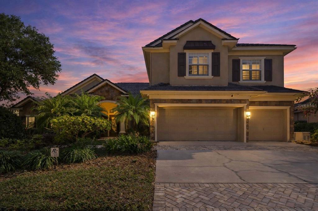 A living room features a fireplace, a chandelier, and sliding glass doors opening to a patio — 15108 KESTRELGLEN WAY, LITHIA, FL
