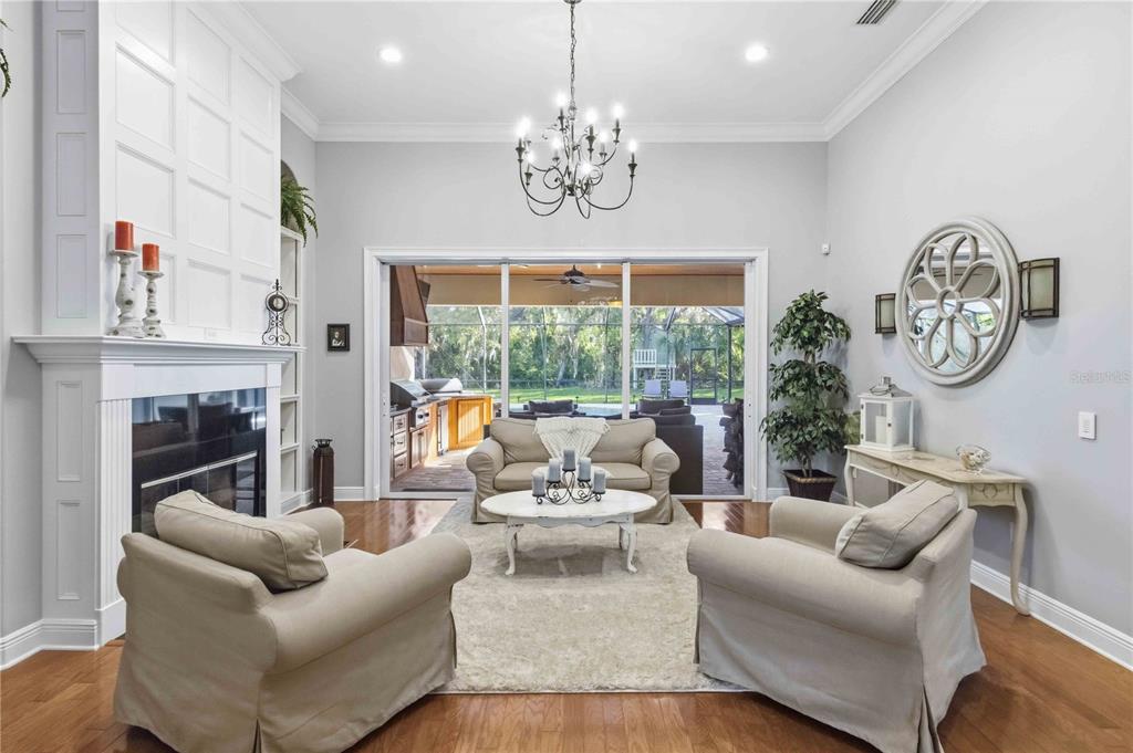 A formal dining room features a dark wood table, matching chairs, a hutch, and chandelier — 15108 KESTRELGLEN WAY, LITHIA, FL