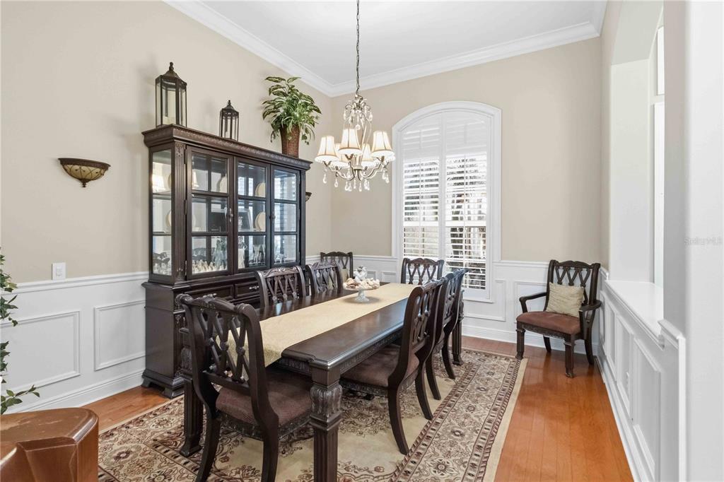 A dining area and kitchen with hardwood floors, white cabinetry, and a view of a pool — 15108 KESTRELGLEN WAY, LITHIA, FL