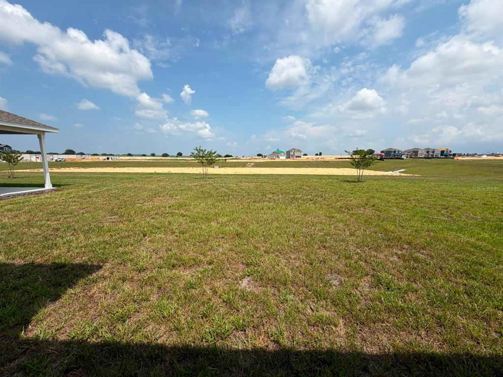 A grassy backyard overlooks a large, undeveloped lot with distant houses under a blue sky — 6020 WELLBEING WAY, CLERMONT, FL