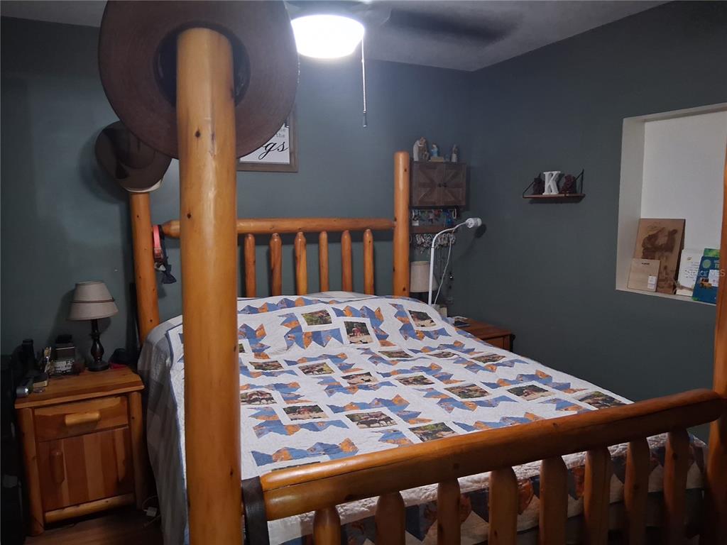 A bedroom features a log-style bed frame, a patterned quilt, and dark gray walls — 10200 CR 749, WEBSTER, FL