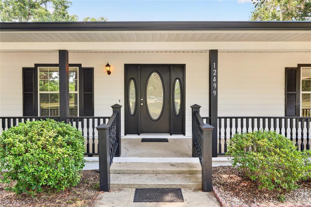 A front porch features a black door with glass inserts and black railings — 12499 E HIGHWAY 25, OCKLAWAHA, FL