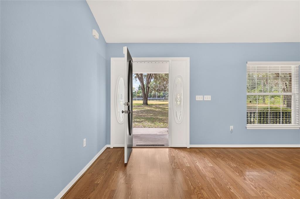 An interior view of a room with light blue walls, hardwood floors, and an open door — 12499 E HIGHWAY 25, OCKLAWAHA, FL