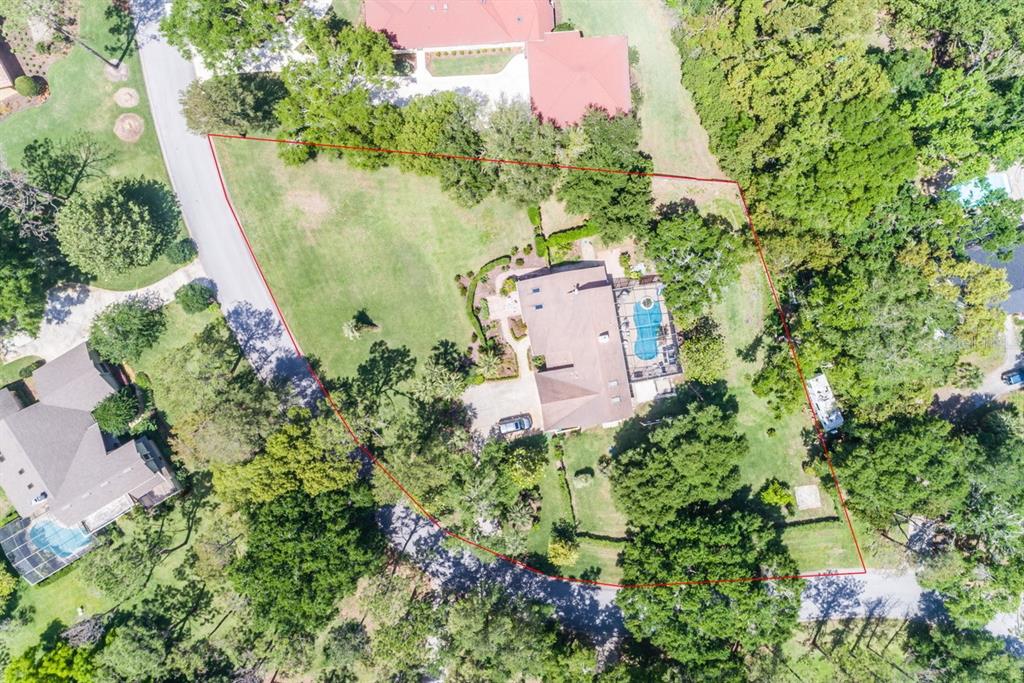 An aerial view shows a house with a pool on a large, tree-lined lot — 11035 SCHOONER WAY, WINDERMERE, FL
