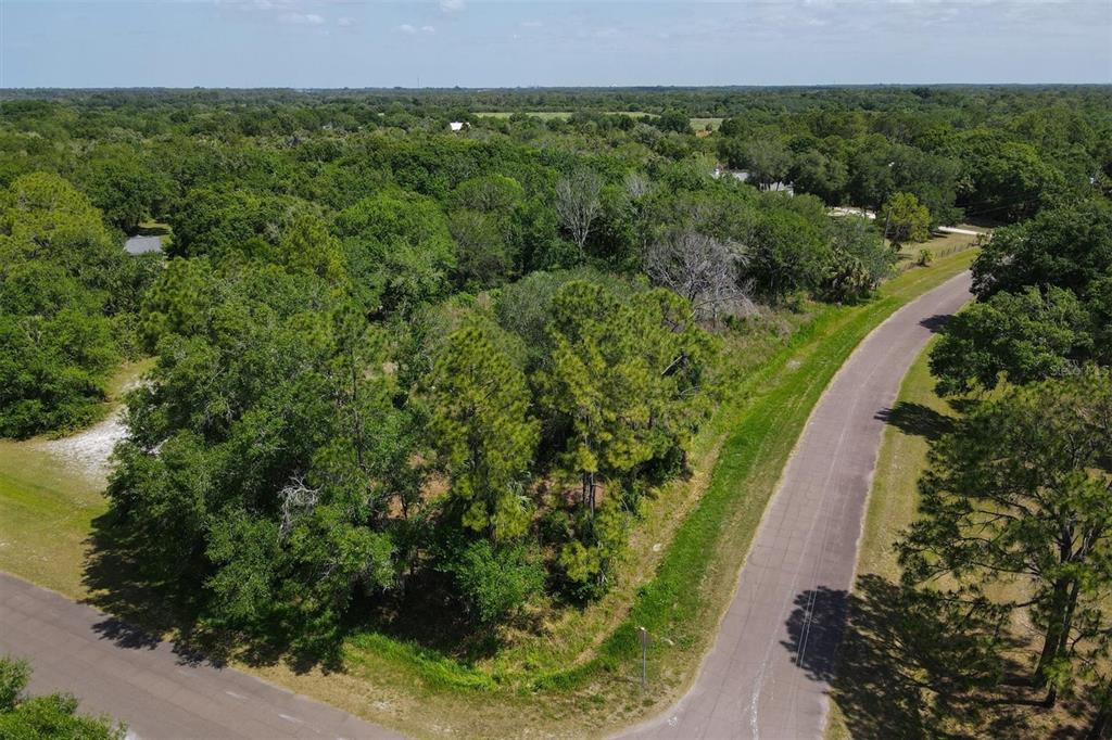 An aerial view shows a wooded, undeveloped lot situated at the corner of two paved roads — 1729 SHENANDOAH ROAD, WIMAUMA, FL