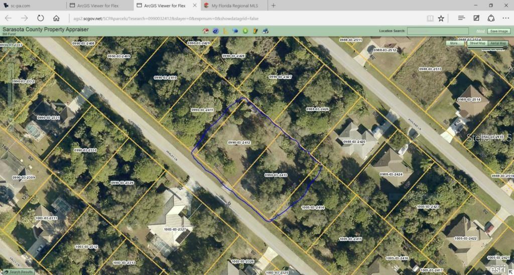 This is a satellite map showing property parcel boundaries in a residential neighborhood — PARLAY LANE, NORTH PORT, FL